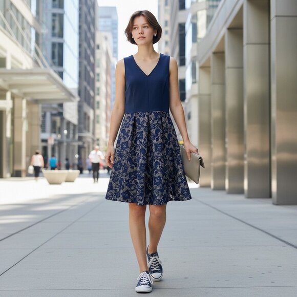 Blue Rain Dresses & Skirts - Blue Rain Junior Teens Sleeveless Dress Navy Blue Floral Lace Skirt V-Neck Large